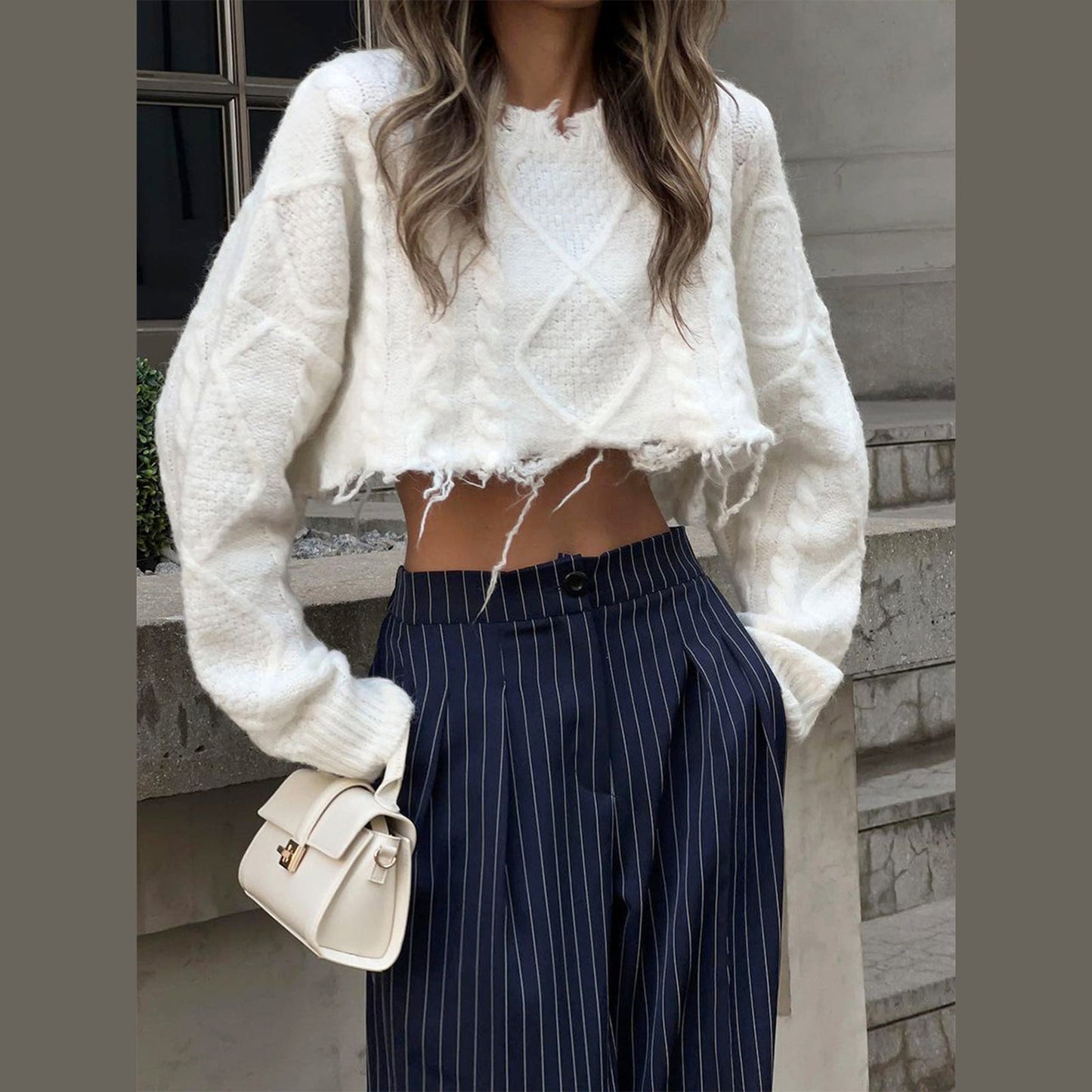 Eiza | Pantalon à Rayures à Jambes Larges Bleu Marine pour Femme