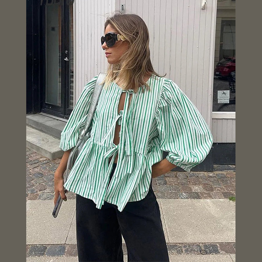 Jemma | Haut à manches bouffantes rayées au charme vintage pour femme