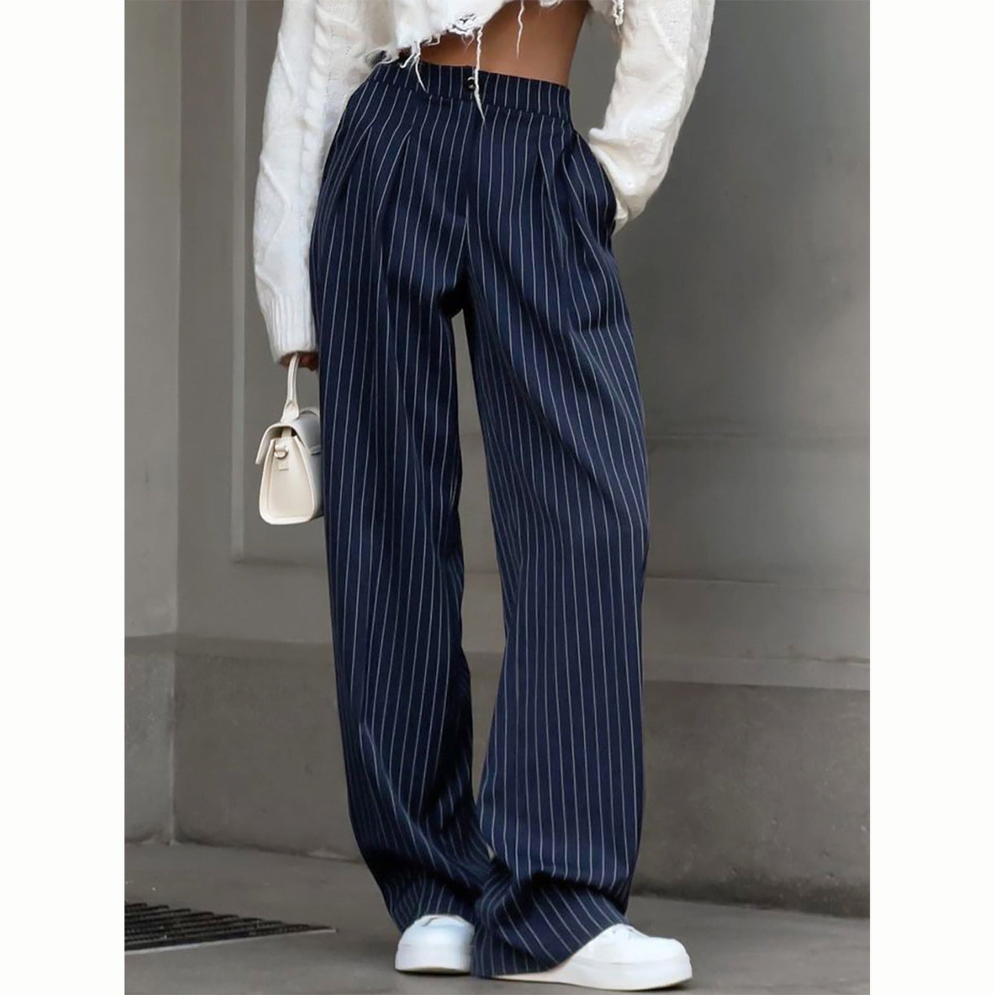 Eiza | Pantalon à Rayures à Jambes Larges Bleu Marine pour Femme