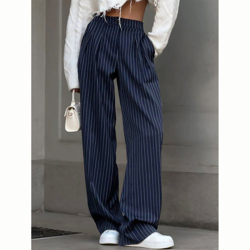 Eiza | Pantalon à Rayures à Jambes Larges Bleu Marine pour Femme