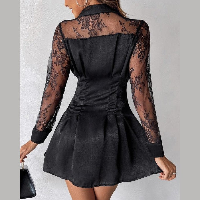 Madisona | Robe Chemise à Manches Longues avec Dentelle Contrastante pour Femmes