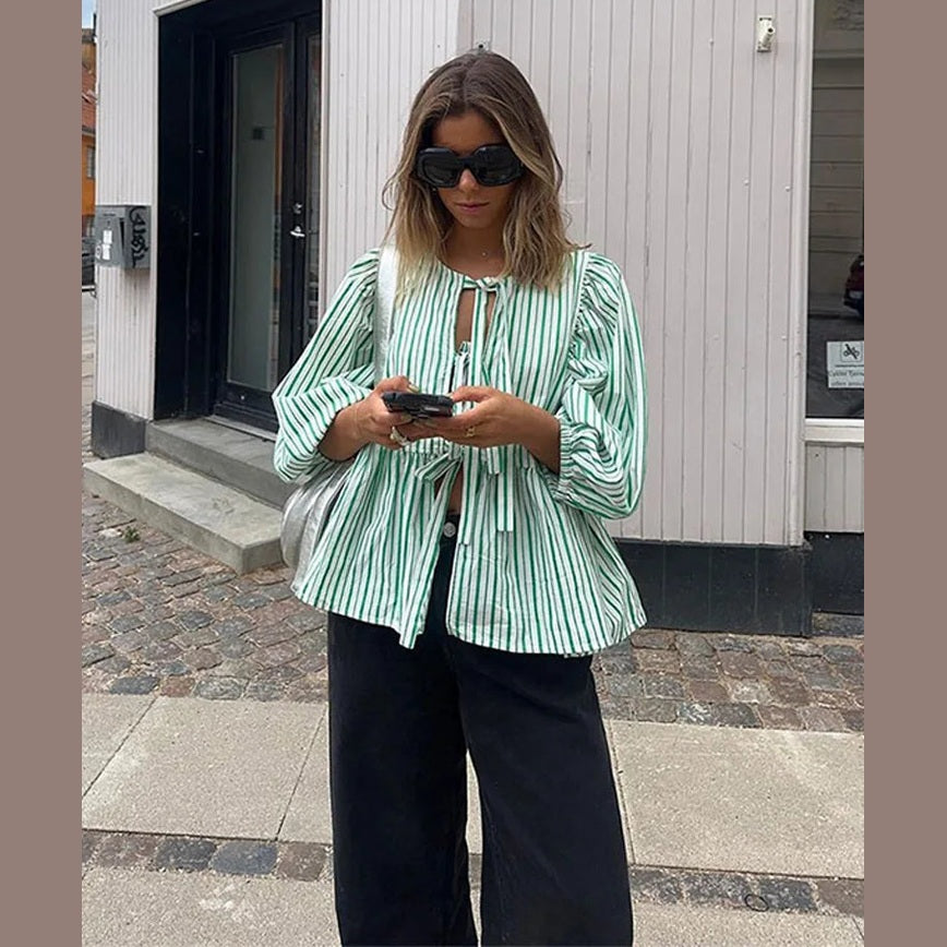 Jemma | Haut à manches bouffantes rayées au charme vintage pour femme