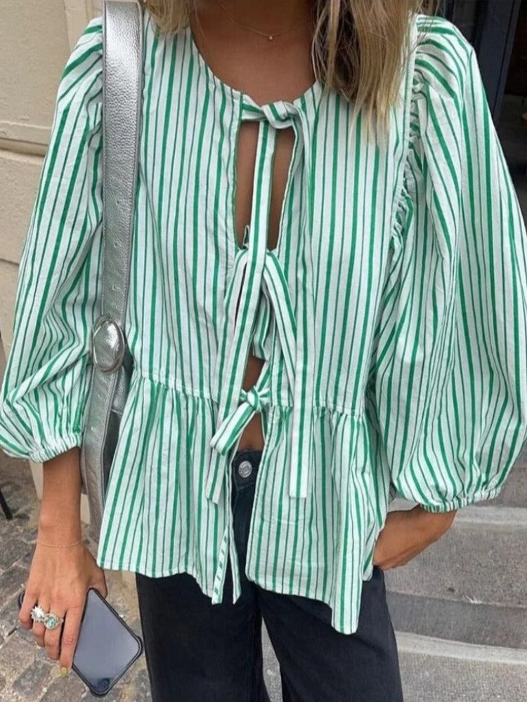 Jemma | Haut à manches bouffantes rayées au charme vintage pour femme
