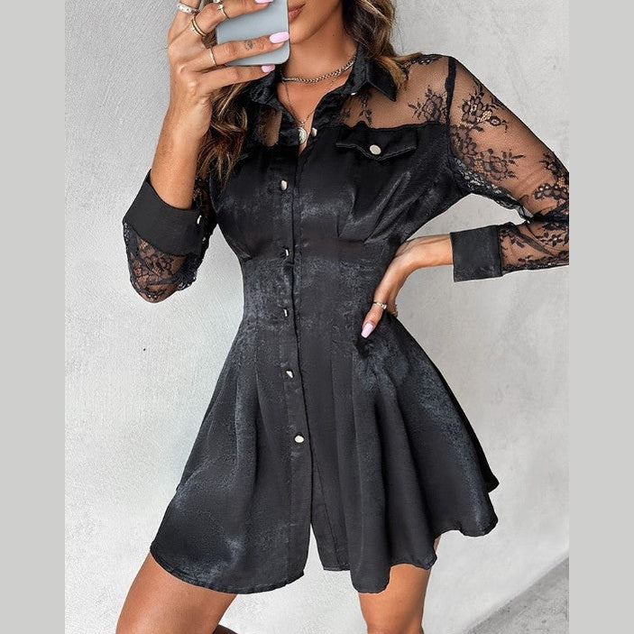 Madisona | Robe Chemise à Manches Longues avec Dentelle Contrastante pour Femmes