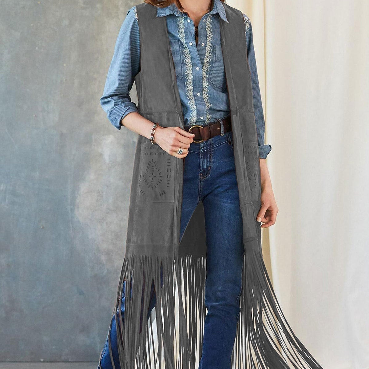 Ishika | Gilet long à franges style western pour femme