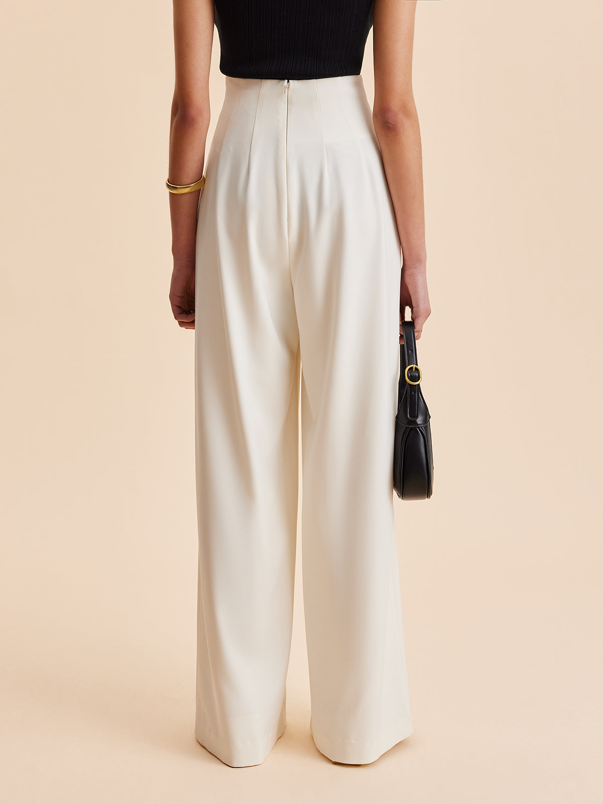 Haniya | Pantalon Femme Taille Haute à Jambes Larges avec Boutons Dorés
