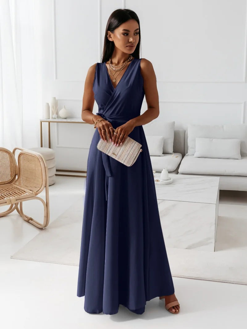 Annabelle | Robe longue unie pour femme avec col en V