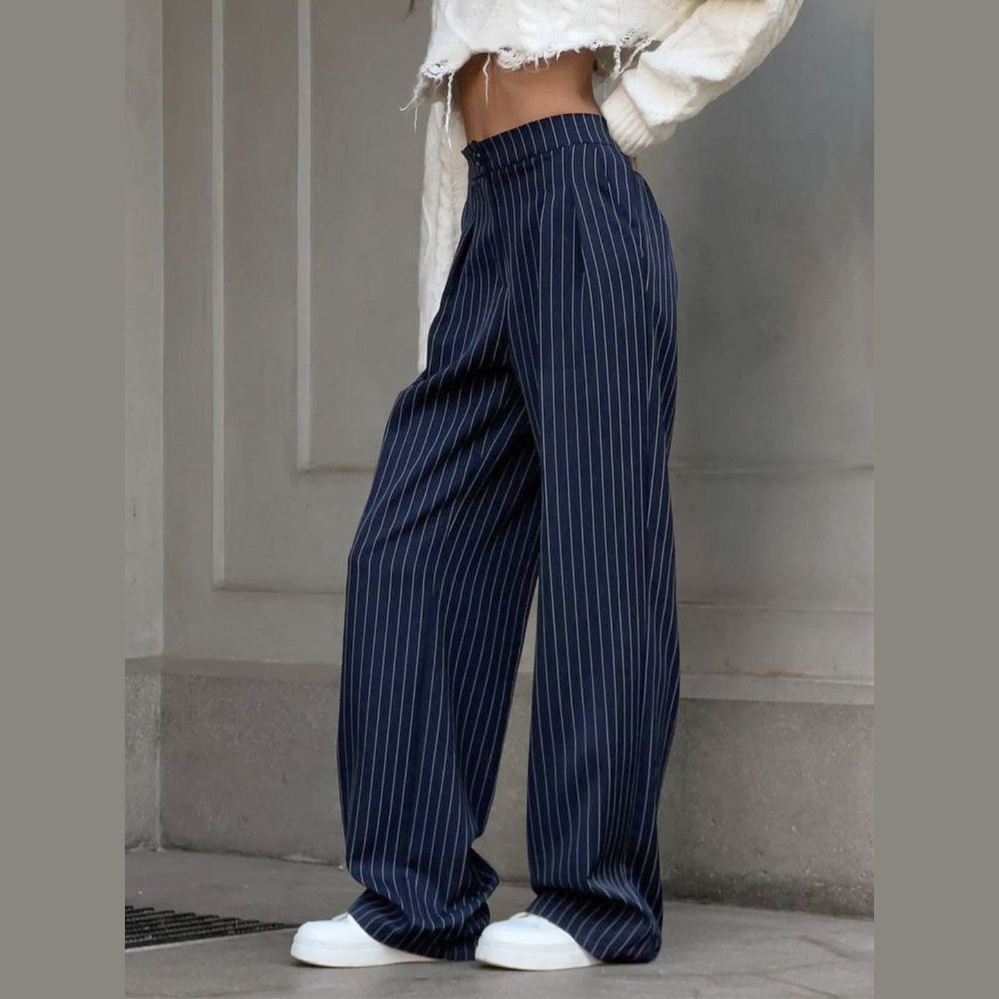 Eiza | Pantalon à Rayures à Jambes Larges Bleu Marine pour Femme
