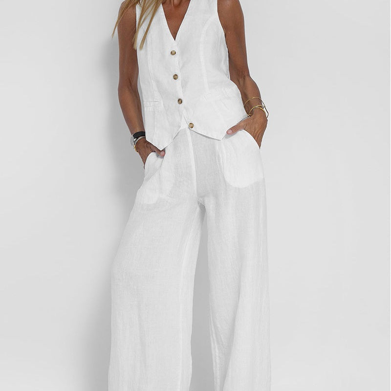 Marceline | Ensemble en lin sans manches avec gilet à col en V pour femme