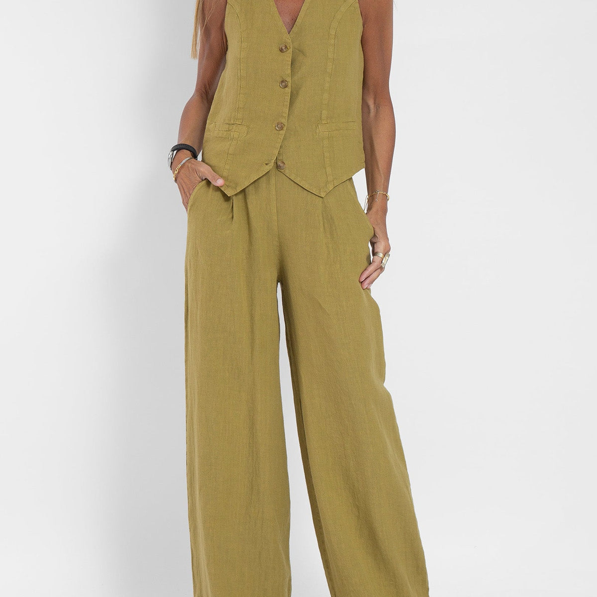 Marceline | Ensemble en lin sans manches avec gilet à col en V pour femme