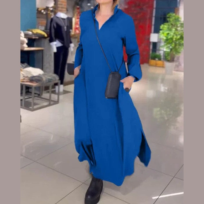 Amélie - Robe Longue en Coton Premium Essentielle Bleu S