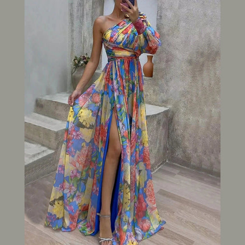 Capucine | Côté impression fente une manche Sexy Maxi Robe