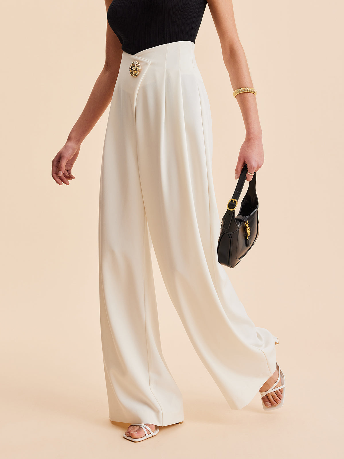 Haniya | Pantalon Femme Taille Haute à Jambes Larges avec Boutons Dorés