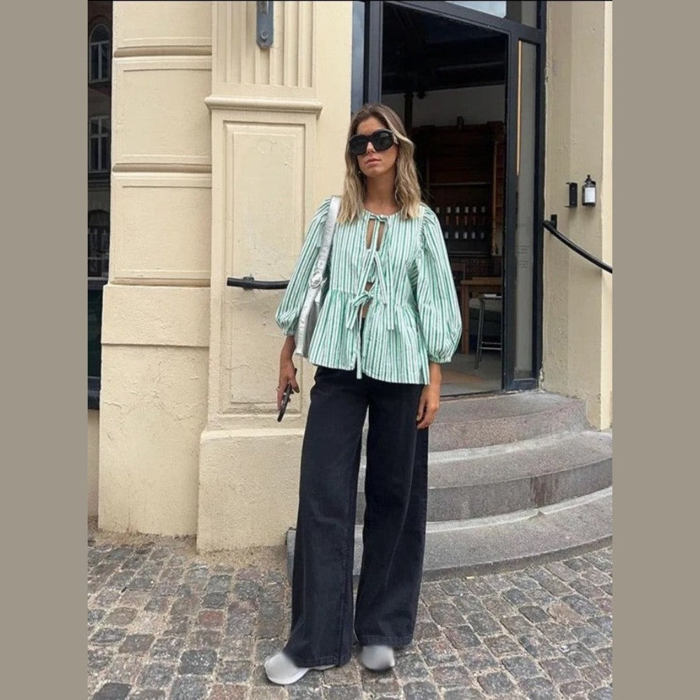 Jemma | Haut à manches bouffantes rayées au charme vintage pour femme