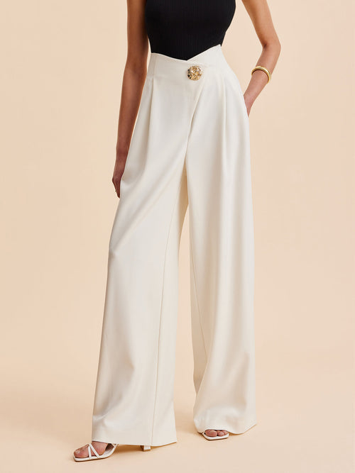 Haniya | Pantalon Femme Taille Haute à Jambes Larges avec Boutons Dorés