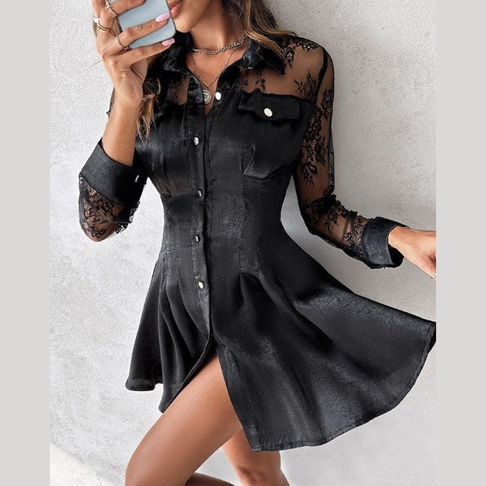 Madisona | Robe Chemise à Manches Longues avec Dentelle Contrastante pour Femmes