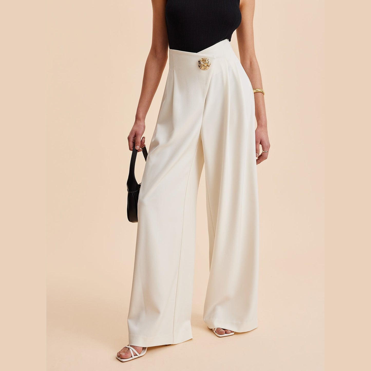 Haniya | Pantalon Femme Taille Haute à Jambes Larges avec Boutons Dorés