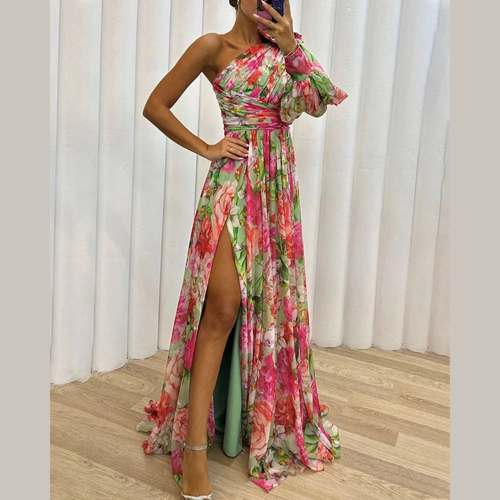 Capucine | Côté impression fente une manche Sexy Maxi Robe