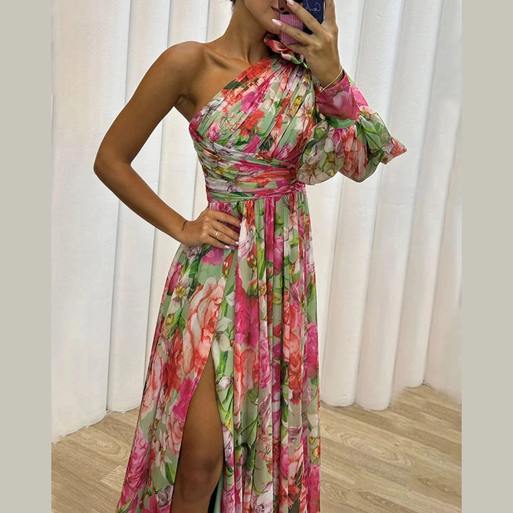 Capucine | Côté impression fente une manche Sexy Maxi Robe