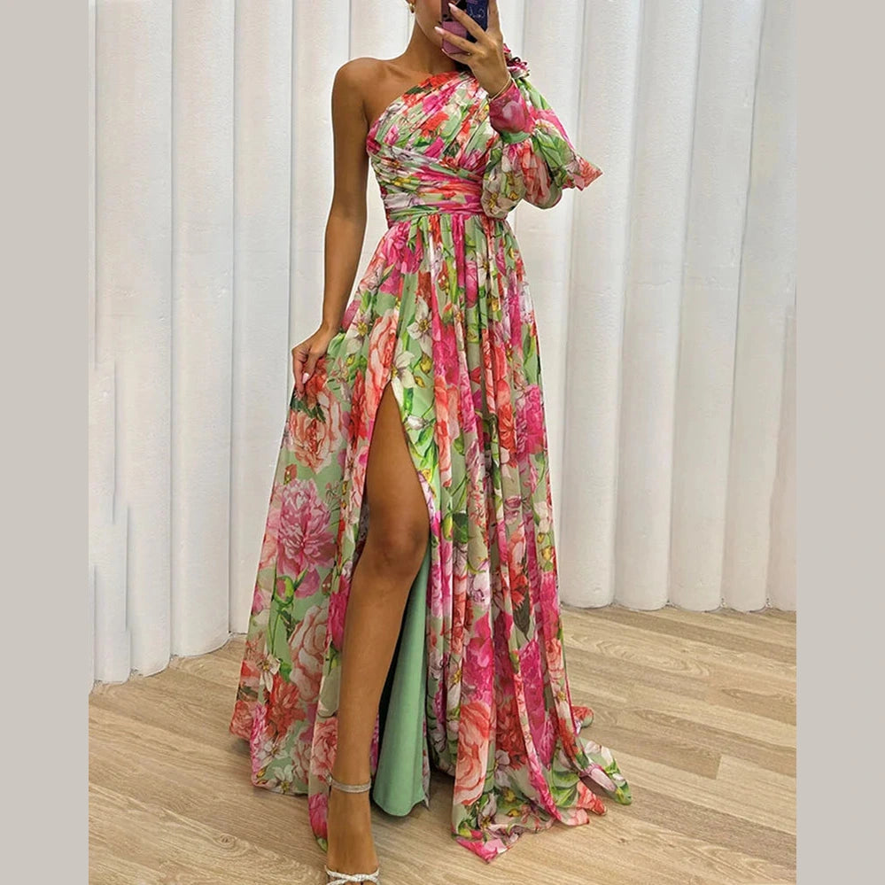 Capucine | Côté impression fente une manche Sexy Maxi Robe