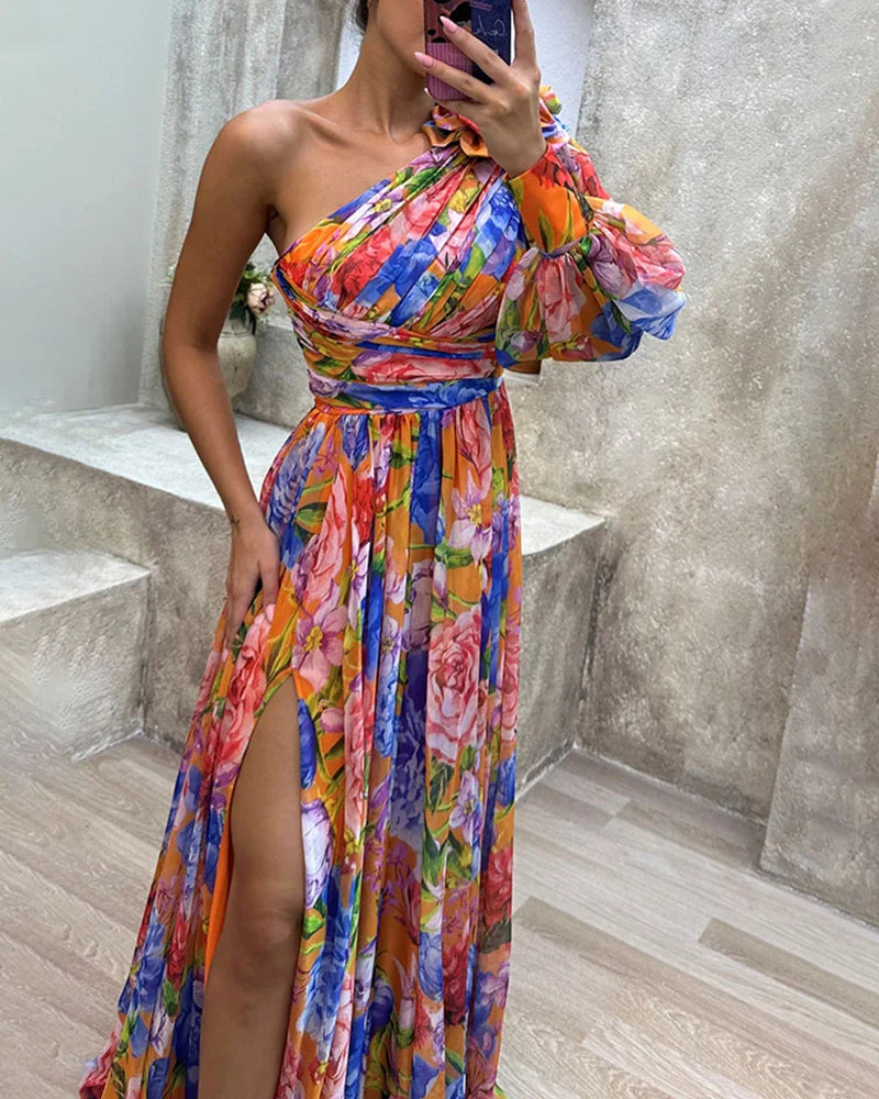Capucine | Côté impression fente une manche Sexy Maxi Robe
