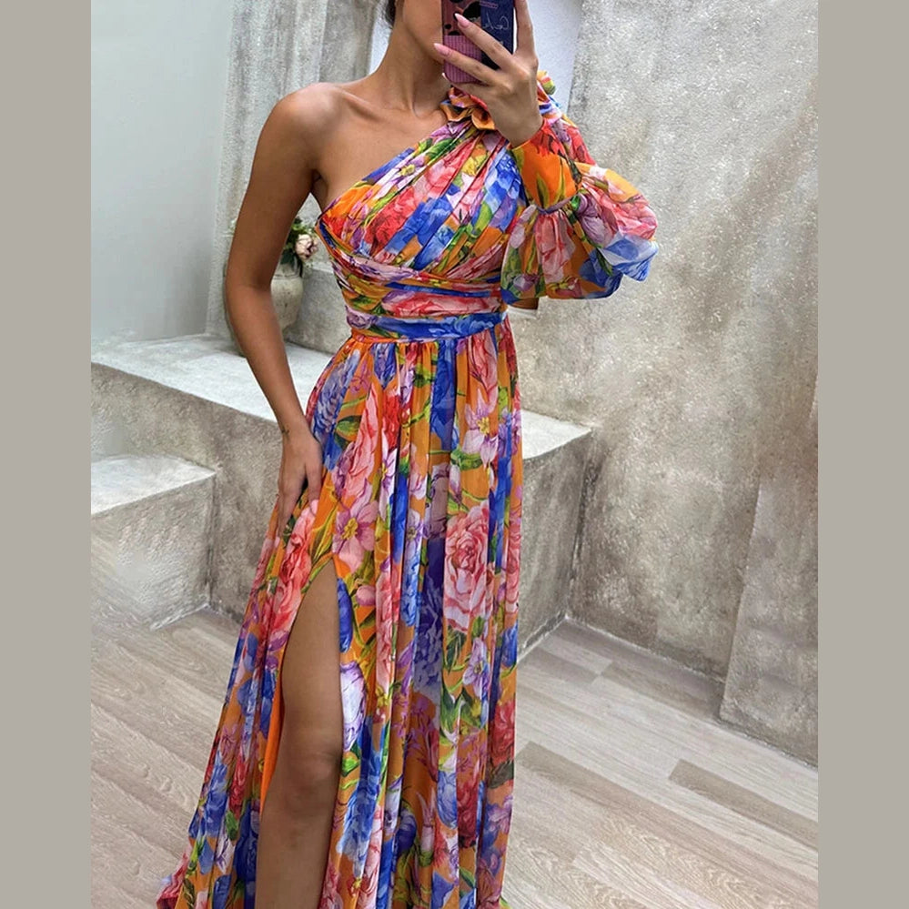 Capucine | Côté impression fente une manche Sexy Maxi Robe