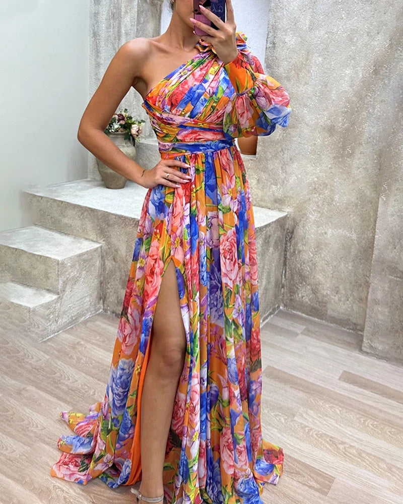 Capucine | Côté impression fente une manche Sexy Maxi Robe