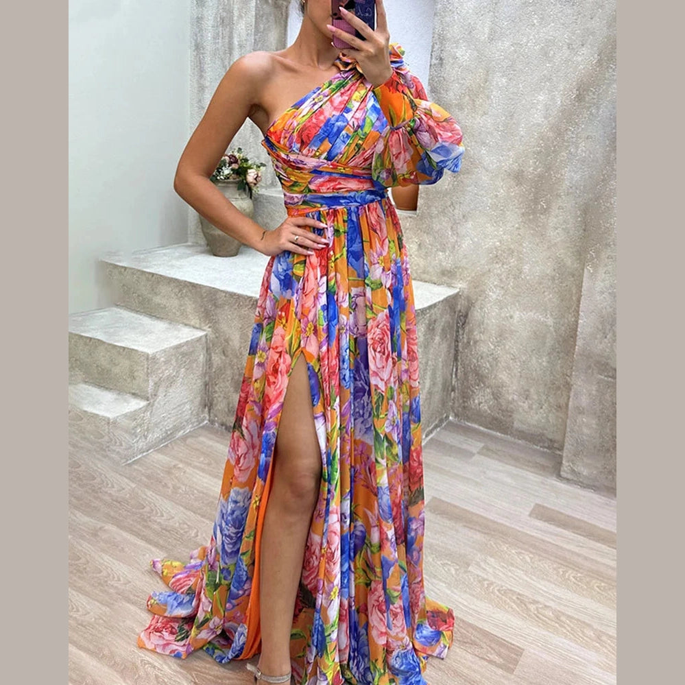 Capucine | Côté impression fente une manche Sexy Maxi Robe