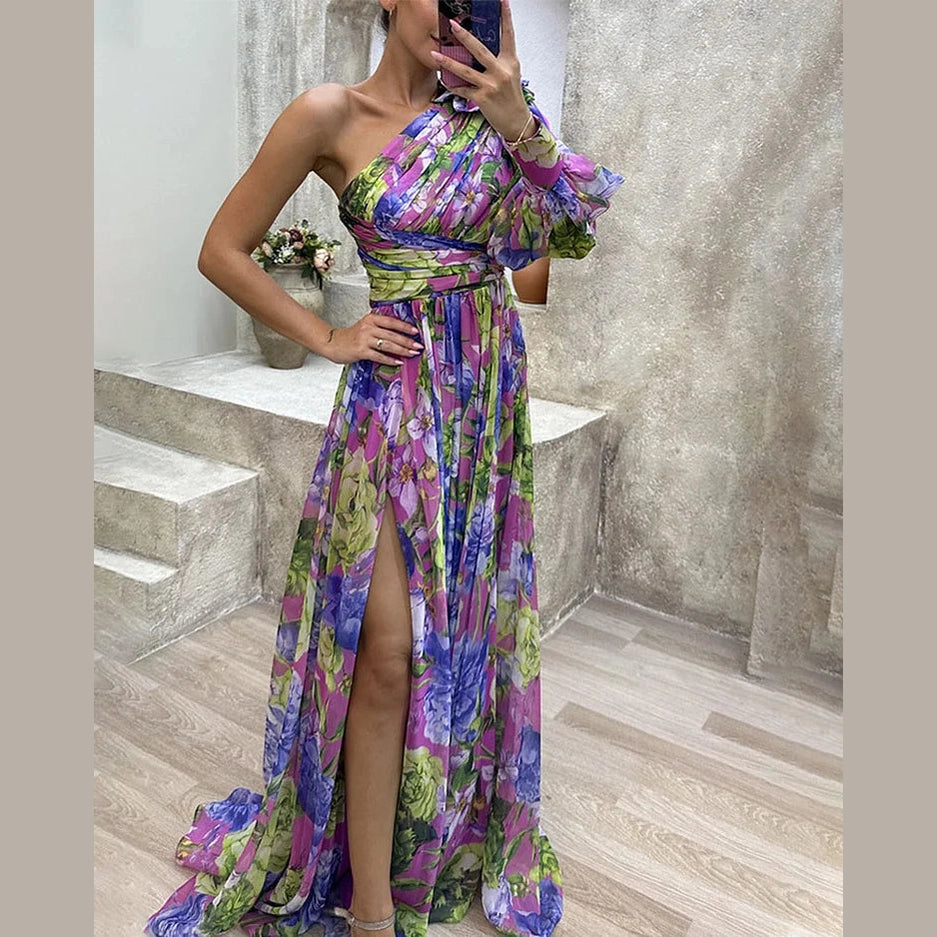 Capucine | Côté impression fente une manche Sexy Maxi Robe