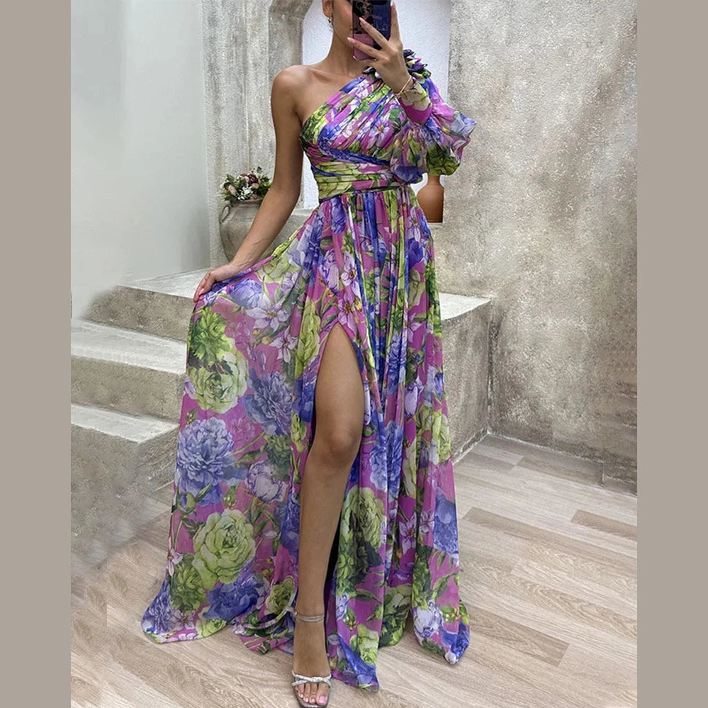 Capucine | Côté impression fente une manche Sexy Maxi Robe