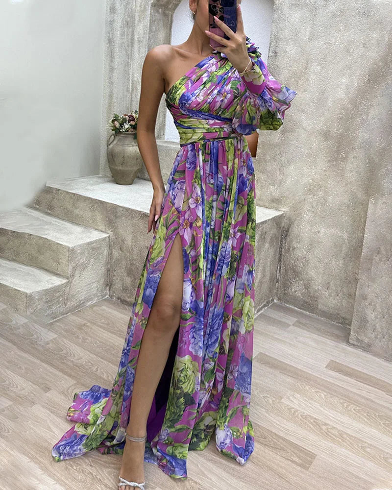 Capucine | Côté impression fente une manche Sexy Maxi Robe