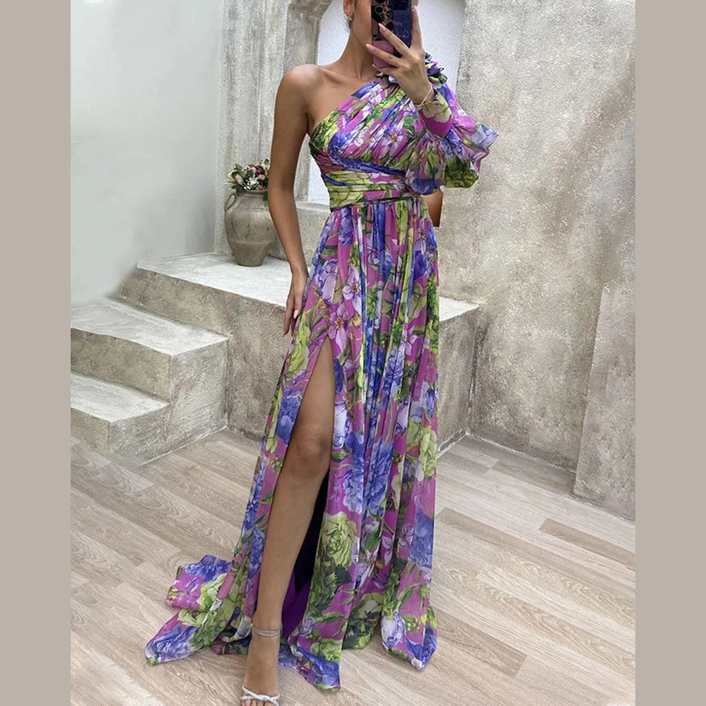 Capucine | Côté impression fente une manche Sexy Maxi Robe