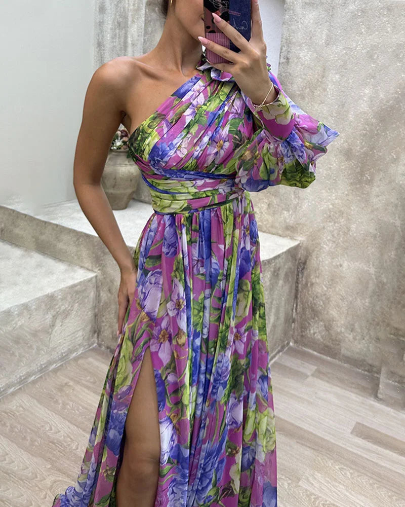 Capucine | Côté impression fente une manche Sexy Maxi Robe
