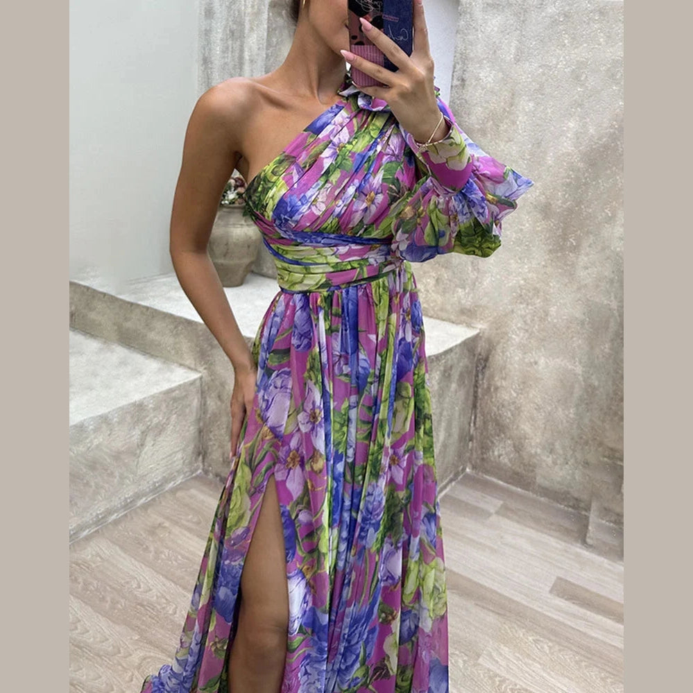 Capucine | Côté impression fente une manche Sexy Maxi Robe