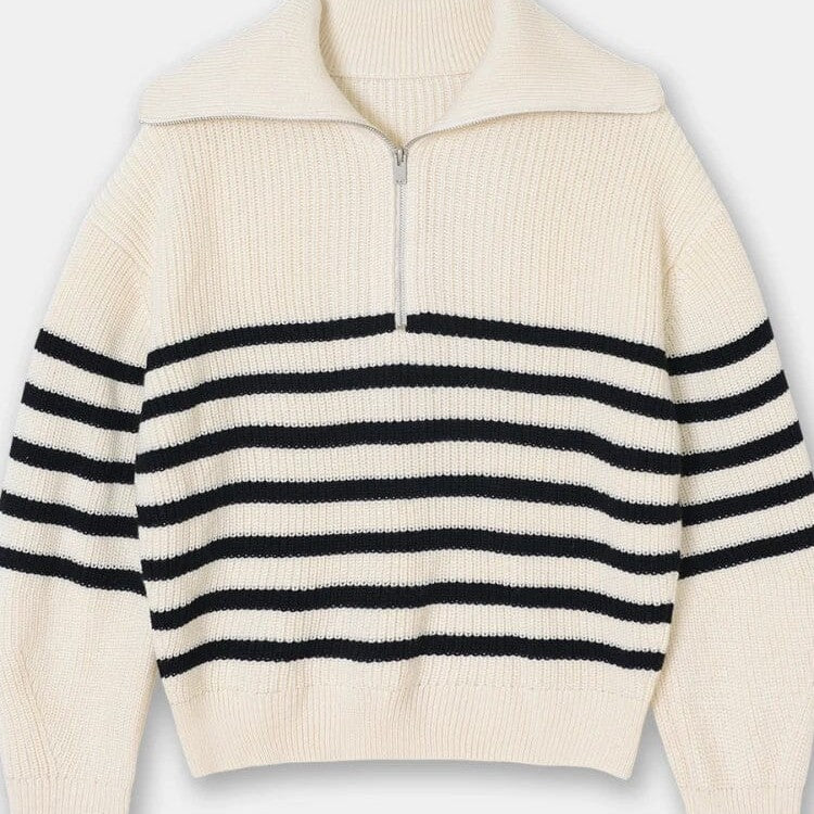 THE KONF™ | Pull tricoté féminin avec fermeture éclair FEMININO Essentielle S Blanc/Noir