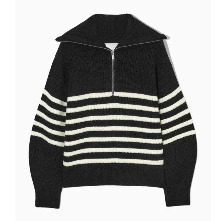 THE KONF™ | Pull tricoté féminin avec fermeture éclair FEMININO Essentielle S Noir/Blanc