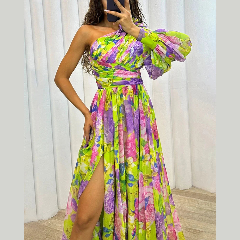 Capucine | Côté impression fente une manche Sexy Maxi Robe