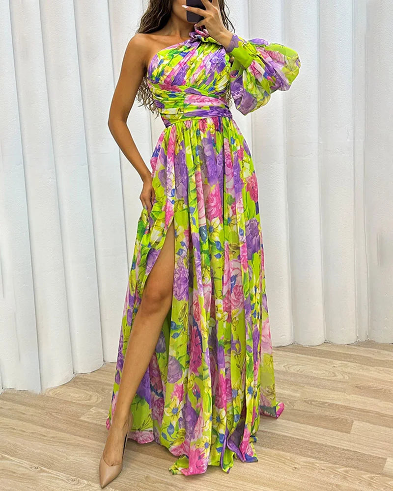 Capucine | Côté impression fente une manche Sexy Maxi Robe