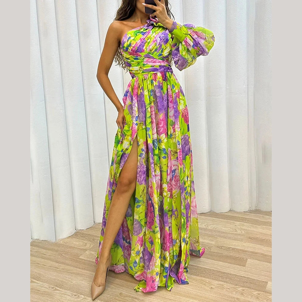 Capucine | Côté impression fente une manche Sexy Maxi Robe