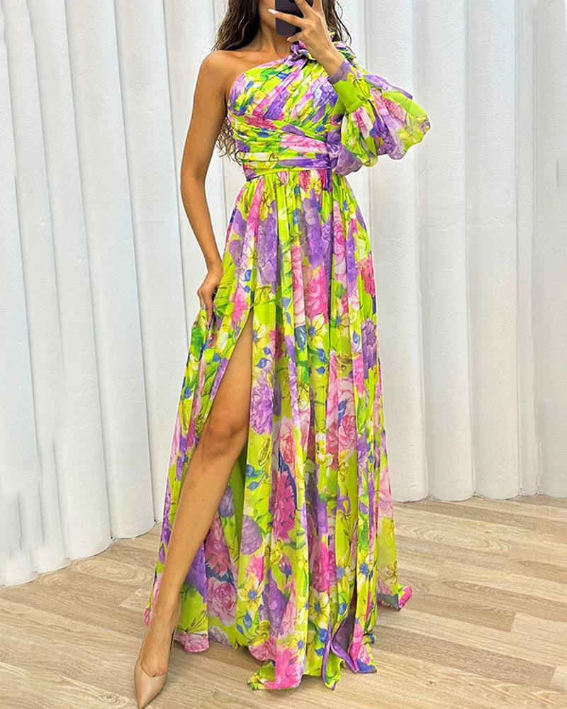 Capucine | Côté impression fente une manche Sexy Maxi Robe