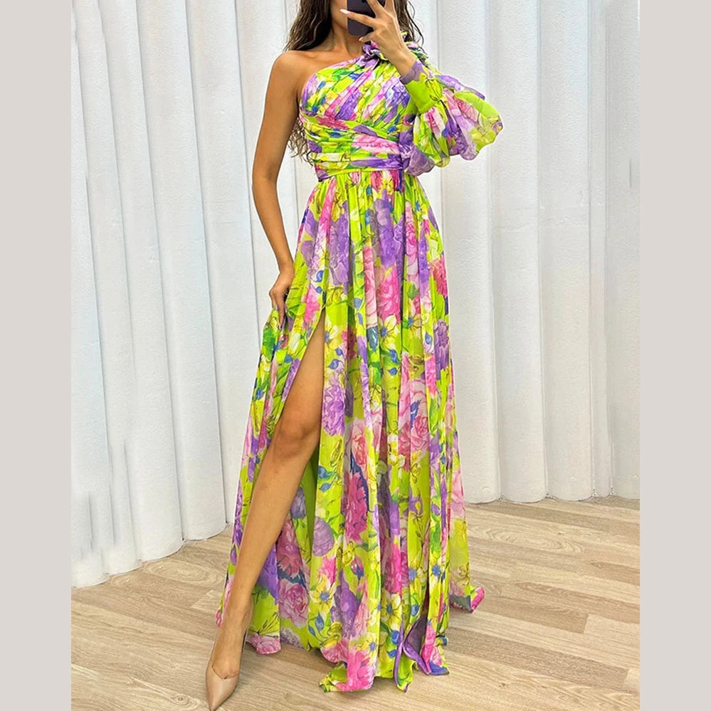 Capucine | Côté impression fente une manche Sexy Maxi Robe