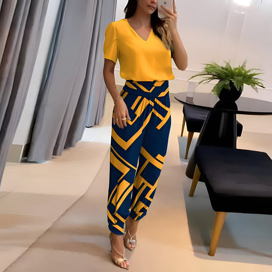 Heidi | Ensemble Deux Pièces avec Haut à Col en V & Pantalon à Taille Large pour Femme