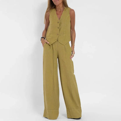 Alinna | Ensemble Gilet en Lin et Pantalon Large pour Femme