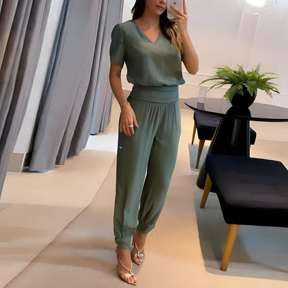 Heidi | Ensemble Deux Pièces avec Haut à Col en V & Pantalon à Taille Large pour Femme