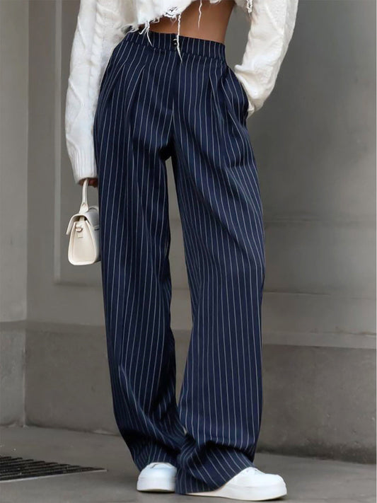 Eiza | Pantalon à Rayures à Jambes Larges Bleu Marine pour Femme