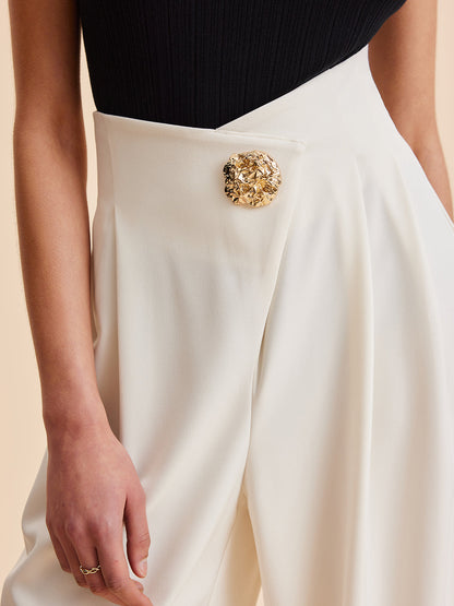 Haniya | Pantalon Femme Taille Haute à Jambes Larges avec Boutons Dorés