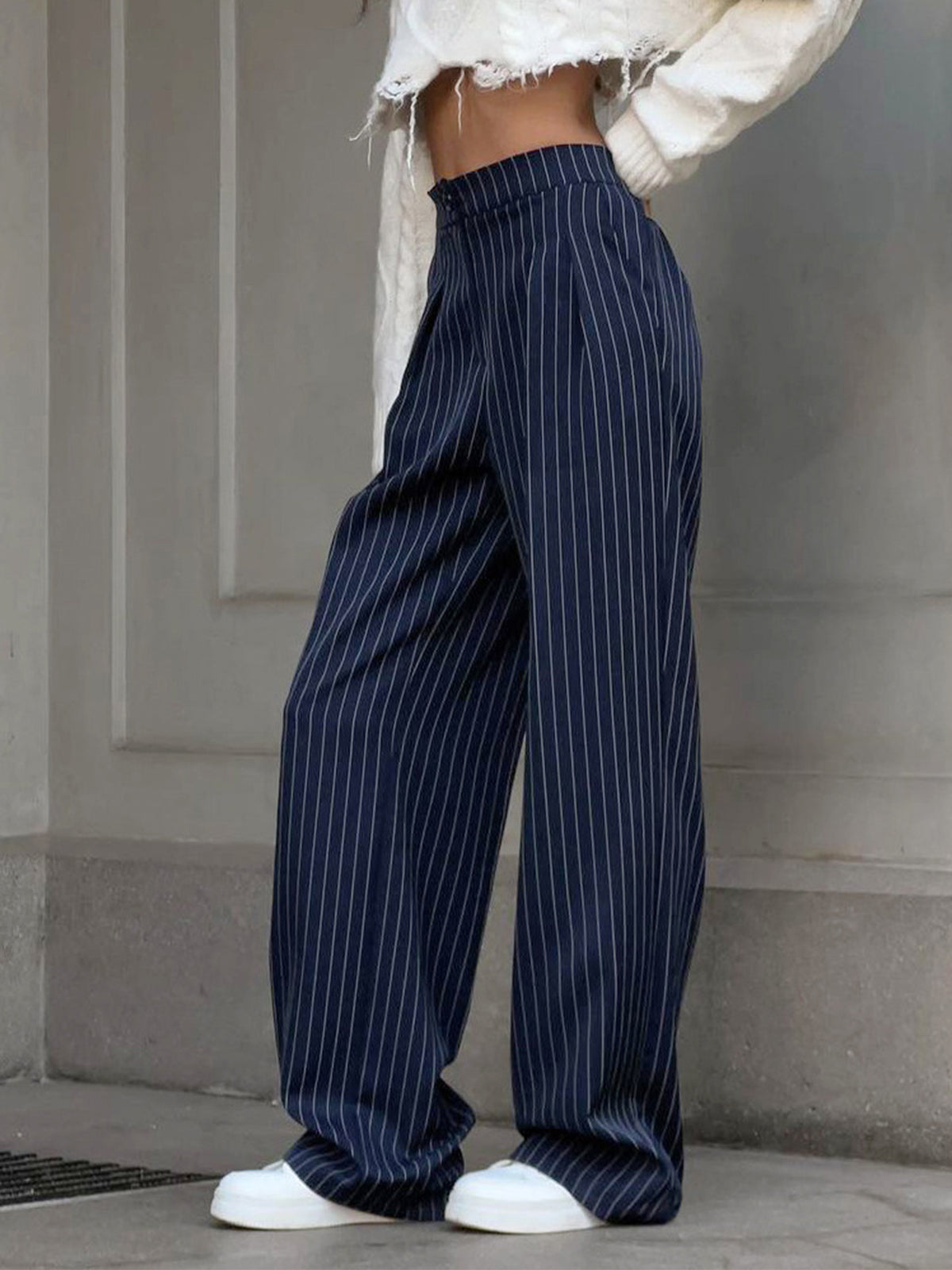 Eiza | Pantalon à Rayures à Jambes Larges Bleu Marine pour Femme