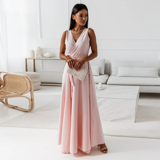 Annabelle | Robe longue unie pour femme avec col en V
