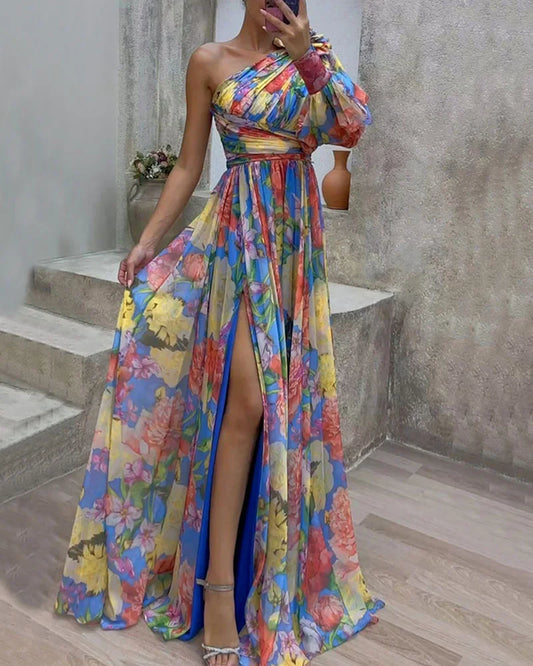 Capucine | Côté impression fente une manche Sexy Maxi Robe