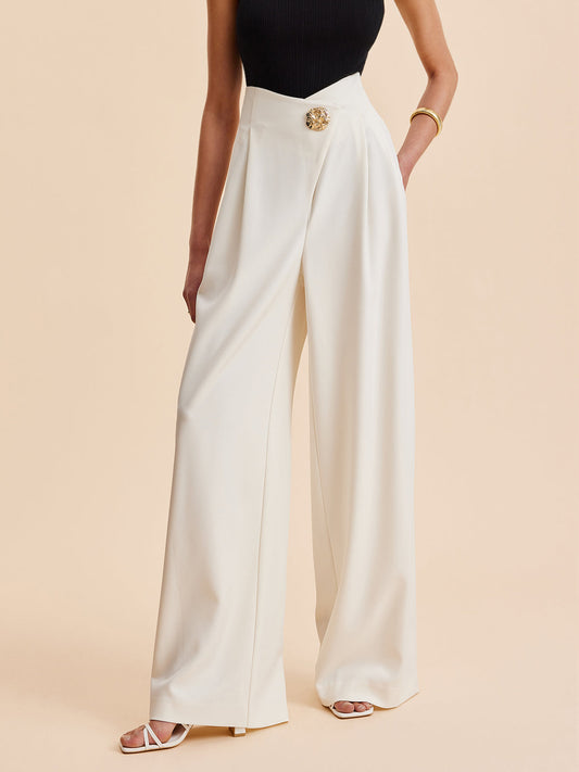 Haniya | Pantalon Femme Taille Haute à Jambes Larges avec Boutons Dorés